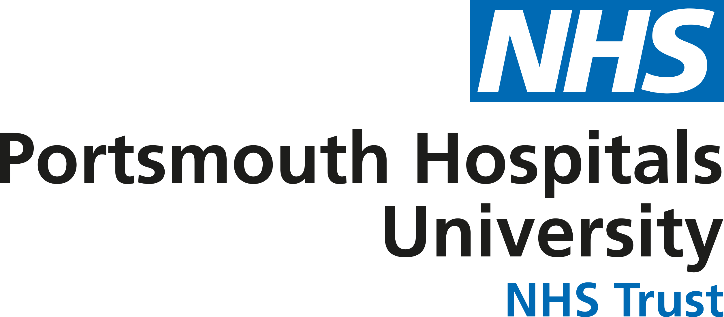 Portsmouth Hospitals University NHS Trust logo in black and blue writing