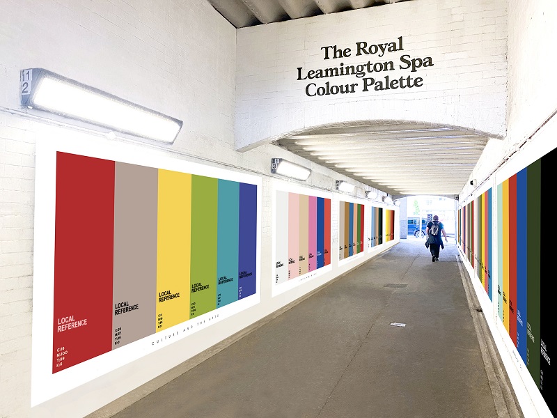 Artist impression of the Royal Leamington Spa Colour Palette in situ in Leamington Spa Station’s pedestrian underpass.
