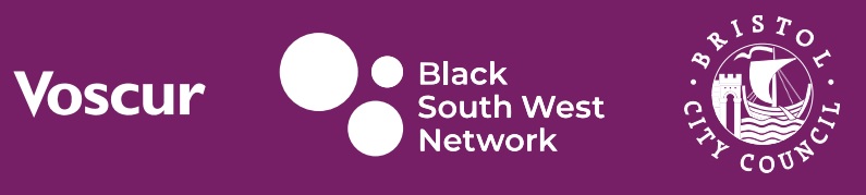 A purple rectangle containing the logos of 3 organisations: VOCSUR, Black South West Network, and Bristol City Council.