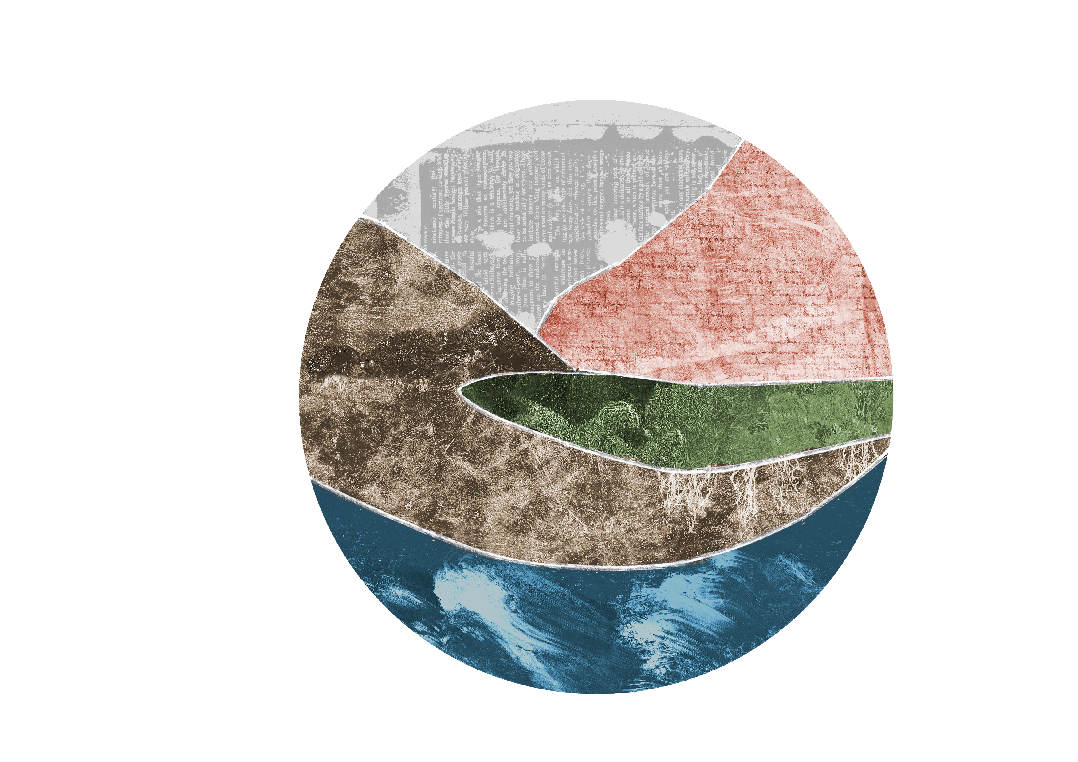 a round logo comprising of different textured layers of blue waves up to brown soil, green grass, red brick to text