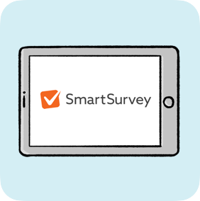 An iPad displaying the SmartSurvey logo