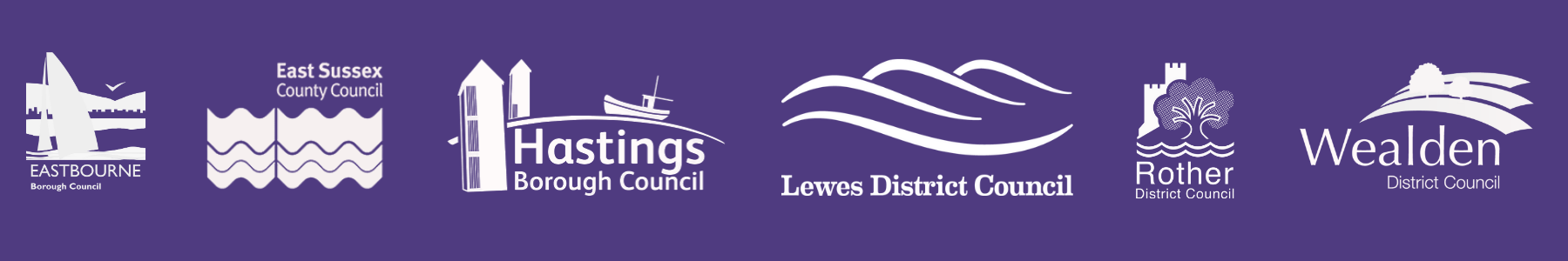 Logos of East Sussex County Council and the five district and borough councils in alphabetical order on a purple background.