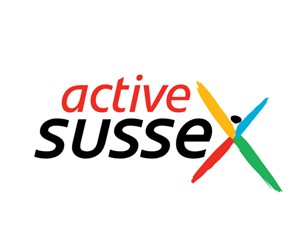 The words Active Sussex with a cross symbol in the colour yellow, blue, red and green
