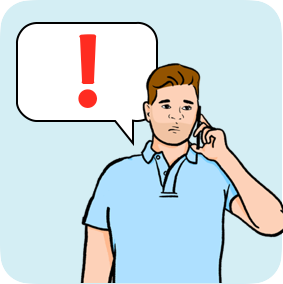 A man talking on the phone with a speech bubble and an exclamation mark