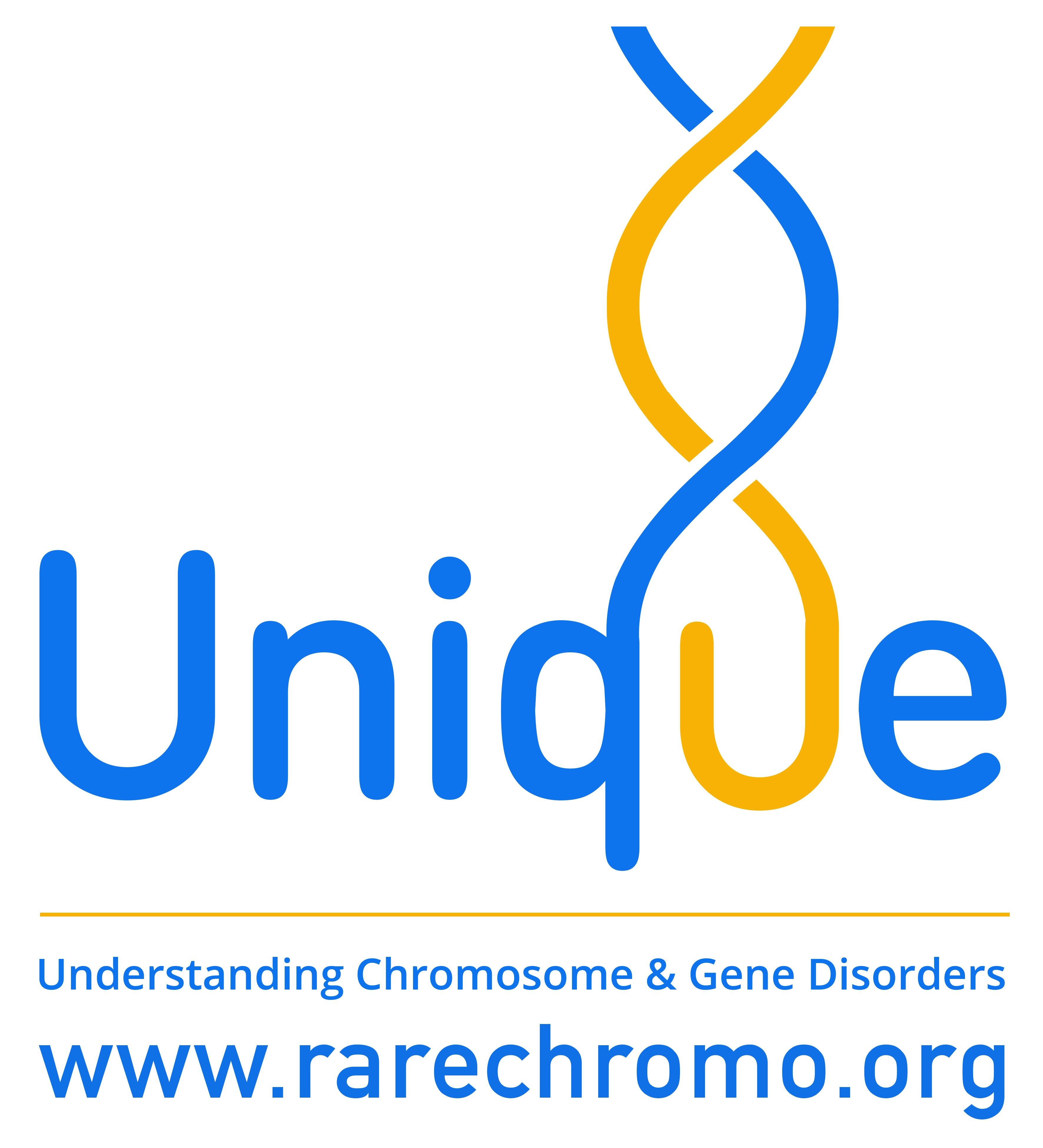 Image shows the Unique logo. Blue text reads: Unique. Strands from the  top of the letters Q and U to intertwine as DNA