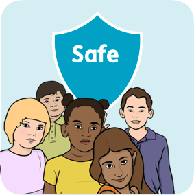 A group of children standing in front of a shield that says the word safe